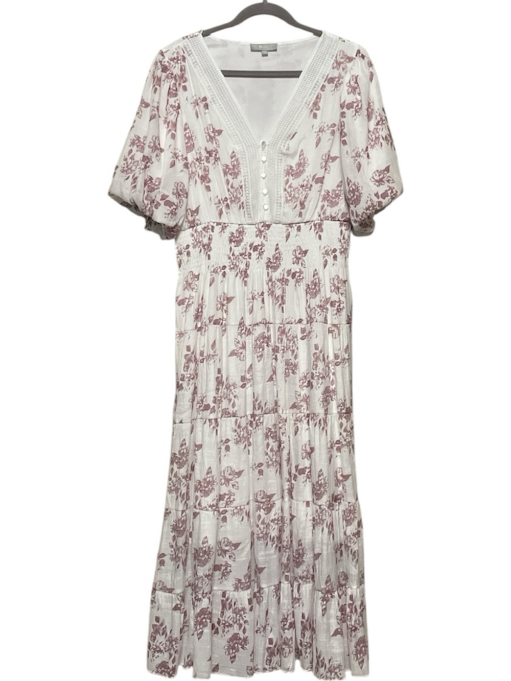 Boho Floral V-Neck Maxi Dress in Dusty Rose and White Size XL I-7
